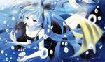  :o air_bubble aqua_hair bare_shoulders black_dress blue_eyes blue_hair breath bubble ceru collarbone dress fish gem glowing hatsune_miku jewelry kneepits legs_up long_hair open_mouth shinkai_shoujo_(vocaloid) sleeveless sleeveless_dress solo submerged twintails underwater vocaloid water 