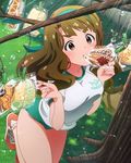  bread bread_eating_race brown_eyes brown_hair buruma food food_in_mouth gym_uniform hairband idolmaster idolmaster_million_live! long_hair melon_bread miyao_miya mouth_hold official_art shoes sneakers solo sports_festival 