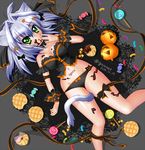  2014 animal_ears bad_id bad_pixiv_id bagel bare_shoulders between_legs black_panties bow bread breasts candy cat_ears cat_tail checkerboard_cookie chocolate chocolate_covered cleavage cookie dated doughnut food french_cruller from_above green_eyes hair_bow ignixnet jack-o'-lantern jelly_bean large_breasts lavender_hair lollipop lying melon_bread navel on_back original panties pumpkin ribbon shadow signature solo swirl_lollipop tail tail_between_legs twitter_username underwear wristband 