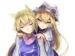  animal_ears blonde_hair closed_eyes dress fox_ears hands_on_another's_shoulders hat hat_ribbon juliet_sleeves long_hair long_sleeves massage mob_cap multiple_girls no_hat no_headwear puffy_sleeves ribbon shoulder_massage simple_background smile tabard touhou white_background white_dress yakumo_ran yakumo_yukari yellow_eyes zeikomi 