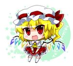  :d adapted_costume alternate_costume ascot blonde_hair chibi commentary fang flandre_scarlet hat looking_at_viewer mob_cap noai_nioshi open_mouth red_eyes side_ponytail smile solo thighhighs touhou translated wings wrist_cuffs zettai_ryouiki 