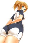  arms_behind_back ass blue_eyes blush breasts brown_hair from_behind from_below gundam gundam_build_fighters gundam_build_fighters_try highres hoshino_fumina large_breasts looking_at_viewer nishiuri ponytail simple_background solo white_background 