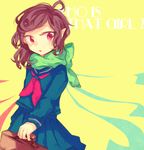  asymmetrical_clothes bag brown_hair contemporary highres houjuu_nue legomaru open_mouth pointy_ears red_eyes scarf school_bag school_uniform solo touhou yellow_background 