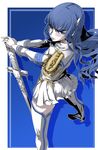  blue_background blue_eyes blush epaulettes eyebrows from_above kill_la_kill kiryuuin_satsuki long_hair skirt solo standing sword tanupo thighhighs weapon 