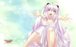  2010 :d agarest_senki_(series) agarest_senki_zero ahoge aqua_background company_name copyright_name happy highres hirano_katsuyuki long_hair mimel_(agarest_senki_zero) naked_towel open_mouth outstretched_hand purple_eyes smile solo towel white_hair 