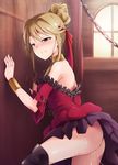  1girl aftersex against_wall ass bare_shoulders blonde_hair blush boots bracelet brown_eyes cum cum_in_pussy cumdrip hair_bun highres idolmaster idolmaster_million_live! jewelry kaiga legs looking_back no_panties skirt smile solo standing tenkuubashi_tomoka thigh_boots thighhighs thighs 