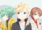  aqua_eyes aqua_hair asemu_asuno blonde_hair brown_hair electriccross family flit_asuno grin gundam gundam_age jacket kio_asuno male_focus multiple_boys ponytail smile 