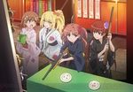  4girls blonde_hair female flower gekota gun hair_flower hair_ornament japanese_clothes kimono misaka_mikoto multiple_girls musujime_awaki official_art ponytail red_hair ribbon ribbons rifle shirai_kuroko shokuhou_misaki to_aru_kagaku_no_railgun to_aru_majutsu_no_index twintails weapon yukata 