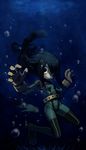  asui_tsuyu black_eyes black_hair bodysuit boku_no_hero_academia boots bubble frog frog_girl gloves higatas highres long_hair monster_girl thigh_boots thighhighs underwater water 