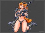  1girl armor bad_company_(dr._tecmac) orange_hair pointy_ears red_eyes solo spikes weapon 