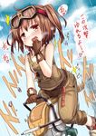  bare_shoulders blush brown_hair gloves goggles goggles_on_head inyucchi motion_lines ole_tower open_mouth overalls rammer_(ole_tower) short_hair solo straddling twintails 