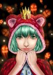  1girl absurdres animal_ears animal_hood aqua_hair bear_ears crown donquixote_pirates dressrosa ghost green_eyes green_nails halloween highres hood hooded_cape nail_polish one_piece polka_dot solo sugar_(one_piece) 