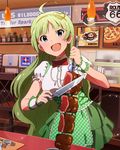  :d ahoge aqua_eyes food green_hair hair_ornament hairband heart heart_hair_ornament idolmaster idolmaster_million_live! knife long_hair looking_at_viewer meat official_art open_mouth restaurant route_66 shimabara_elena smile solo waitress 