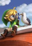  ahoge artstation_sample bird blonde_hair blue_eyes boots cassio_yoshiyaki cloud cloudy_sky day highres image_sample link looking_at_another master_sword over_shoulder pointy_ears seagull shield short_hair signature sitting sky sword sword_over_shoulder the_legend_of_zelda the_legend_of_zelda:_the_wind_waker toon_link weapon weapon_over_shoulder 