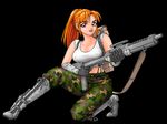  1girl animated animated_gif backpack bad_company_(dr._tecmac) bag black_background boots breasts camouflage erect_nipples gloves knife large_breasts looking_at_viewer military open_mouth orange_hair ponytail red_eyes simple_background solo 