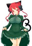  animal_ears blush braid breasts cat_ears cat_tail dress dress_lift highres himenomikan kaenbyou_rin large_breasts multiple_tails nekomata red_eyes red_hair short_hair simple_background smile solo tail touhou twin_braids underbust white_background 