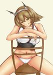  bad_id bad_pixiv_id bare_shoulders breasts brown_hair chair collarbone cowboy_shot crossed_arms green_eyes grin head_tilt headgear highres kantai_collection large_breasts looking_at_viewer mutsu_(kantai_collection) mutsu_ane_daisuki navel no_pants panties short_hair simple_background sitting sitting_backwards smile solo spread_legs tan_background thighs underwear white_panties 