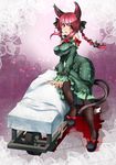  animal_ears arm_strap bare_shoulders black_legwear bow braid breasts cat_ears cat_tail detached_sleeves dress floral_print green_dress hair_bow kaenbyou_rin large_breasts long_sleeves looking_at_viewer multiple_tails nekomata open_mouth pantyhose red_eyes red_hair smile solo tail touhou twin_braids umigarasu_(kitsune1963) underbust wheelbarrow 
