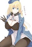  :p atago_(kantai_collection) black_bra blonde_hair blue_eyes bra breasts gloves hat kantai_collection large_breasts long_hair looking_at_viewer ogros open_clothes pantyhose simple_background solo tongue tongue_out translation_request underwear white_background 