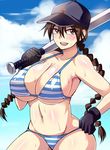  baseball_bat baseball_cap bikini blush braid breasts brown_eyes brown_hair cleavage day gloves hat huge_breasts long_hair megane_man momoe_maria navel ookiku_furikabutte smile solo striped striped_bikini sweat swimsuit twin_braids 