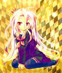  :&lt; akino_sakura between_legs crown hand_between_legs long_hair no_game_no_life orange_eyes school_uniform serafuku shiro_(no_game_no_life) sitting thighhighs very_long_hair wariza white_hair zettai_ryouiki 