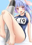  :d arm_support bangs bare_legs barefoot between_legs blue_eyes blush breasts fang fuuma_nagi gradient_hair i-19_(kantai_collection) kantai_collection large_breasts long_hair looking_at_viewer multicolored_hair one-piece_swimsuit open_mouth purple_hair school_swimsuit sitting smile solo star star-shaped_pupils swimsuit symbol-shaped_pupils toes torpedo 