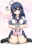  ? ahoge black_legwear blue_hair blush breasts fuuma_nagi kantai_collection large_breasts long_hair no_shoes purple_eyes school_uniform serafuku short_sleeves sitting skirt smile socks solo spoken_question_mark turret ushio_(kantai_collection) wariza 