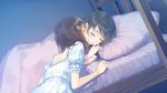  bed black_hair blanket blue_background blush brown_hair cheek_kiss closed_eyes dress eyelashes flowers_(innocent_grey) frilled_sleeves frills game_cg hair_ornament hairclip kiss kousaka_mayuri lying multiple_girls official_art parted_lips pillow puffy_short_sleeves puffy_sleeves shirahane_suou short_hair short_sleeves sleeping sugina_miki wallpaper white_dress yuri 