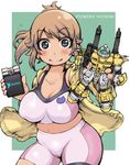  bike_shorts blue_eyes brown_hair gundam gundam_build_fighters gundam_build_fighters_try gunpla hoshino_fumina ibukichi jacket midriff navel ponytail powered_gm_cardigan smile solo sports_bra 