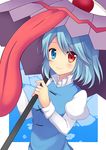  blue_eyes blue_hair blush heterochromia highres juliet_sleeves karakasa_obake lipstick long_sleeves looking_at_viewer makeup puffy_sleeves red_eyes short_hair smile solo swami tatara_kogasa tongue touhou tunic umbrella 