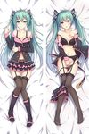  bed_sheet belt boots bra byakuya_reki covering covering_crotch dakimakura garter_belt green_eyes green_hair hand_on_own_chest hatsune_miku honey_whip_(module) long_hair multiple_views navel off_shoulder panties panty_pull project_diva_(series) project_diva_f side-tie_panties skirt skirt_around_one_leg smile strap_slip sweet_devil_(vocaloid) thigh_gap thighhighs twintails underwear very_long_hair vocaloid 