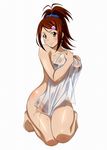  bachou_mouki breasts brown_eyes brown_hair cleavage covering earrings hair_ornament hair_scrunchie high_ponytail ikkitousen jewelry large_breasts long_hair looking_at_viewer magatama magatama_earrings nude_cover scrunchie see-through simple_background smile solo towel wet white_background 