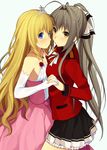  3: :/ aiguillette amagi_brilliant_park blonde_hair blue_eyes breasts brown_eyes brown_hair cleavage dress elbow_gloves gloves gown highres holding_hands interlocked_fingers itsui_(dihydrogenmonoxid) jewelry latifa_fleuranza long_hair looking_at_viewer md5_mismatch multiple_girls necklace pleated_skirt ponytail princess sento_isuzu skirt small_breasts tiara white_gloves 