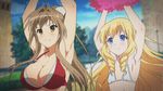  2girls amagi_brilliant_park amber_eyes animated animated_gif antenna_hair armpits bikini blonde_hair blue_eyes bounce bouncing_breasts breasts brown_hair cleavage dancing drill_hair flat_chest hair_ribbon large_breasts latifa_fleuranza long_hair medium_breasts multiple_girls pom_poms recording ribbon sento_isuzu swimsuit yellow_eyes 