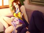  alternate_costume bad_id bad_pixiv_id bangs bow bowtie breast_grab breasts brown_eyes brown_hair cleavage collarbone couch curtains grabbing hair_grab hair_twirling indoors lap_pillow large_breasts league_of_legends leona_(league_of_legends) multiple_girls oldlim on_couch on_lap orange_bow orange_neckwear parted_bangs pool_party_leona purple_eyes smile swimsuit syndra white_hair windowsill yuri 