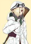  blonde_hair coat earrings goggles goggles_on_headwear gun hair_over_one_eye helmet idolmaster idolmaster_cinderella_girls jewelry onion_(murasaki_moyashi) open_mouth red_eyes rifle shirasaka_koume short_hair sleeves_past_wrists smile solo weapon 