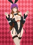  adapted_costume animal_ears bare_shoulders breasts bunny_ears center_opening cleavage fishnet_legwear fishnets gradient_hair highres hijiri_byakuren lactone large_breasts leotard long_hair looking_at_viewer midriff multicolored_hair purple_hair smile solo thighhighs touhou yellow_eyes 