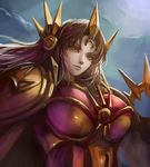  armor bikini_armor blue_background breastplate breasts brown_hair ear_protection earpiece expressionless facial_mark forehead_mark forehead_protector headgear headpiece kaze_no_gyouja large_breasts league_of_legends leona_(league_of_legends) lips long_hair shield shoulder_pads solo upper_body yellow_eyes 