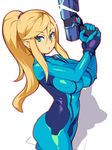  :o bad_id bad_pixiv_id blonde_hair blue_bodysuit bodysuit breasts eyebrows_visible_through_hair green_eyes gun hair_between_eyes handgun high_ponytail holding holding_gun holding_weapon large_breasts long_hair looking_at_viewer metata metroid outline ponytail samus_aran shiny shiny_clothes sidelocks simple_background solo two-handed weapon white_background zero_suit 