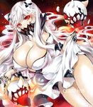  at_classics breasts cleavage covered_mouth covered_nipples dress glowing horns kantai_collection large_breasts long_hair midway_hime no_panties red_eyes sample shinkaisei-kan traditional_media white_hair 