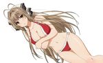  1girl amagi_brilliant_park antenna_hair bare_shoulders bikini black_eyes blush breast_hold breasts brown_hair cleavage hair_ribbon highres large_breasts long_hair navel o-ring_bottom o-ring_top official_art ponytail red_bikini ribbon sento_isuzu shiny shiny_skin simple_background solo standing swimsuit thighs white_background yellow_eyes 