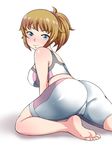  ass barefoot bent_over bike_shorts blue_eyes breasts brown_hair cameltoe covered_nipples gundam gundam_build_fighters gundam_build_fighters_try highres hoshino_fumina large_breasts looking_at_viewer looking_back midriff pants ponytail scrunchie shirt simple_background solo sports_bra tight tight_pants tight_shirt toes uesugi_kyoushirou white_background 