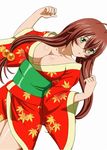  breasts brown_hair cleavage collarbone glasses green_eyes hair_bobbles hair_ornament ikkitousen japanese_clothes jpeg_artifacts kimono large_breasts long_hair looking_at_viewer red_kimono ryuubi_gentoku simple_background solo white_background yukata 