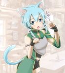  animal_ears aqua_eyes aqua_hair breastplate cat_ears nyan paw_pose short_hair shorts sinon sinon_(sao-alo) sword_art_online tail xanadu 