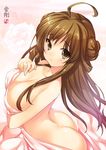  47agdragon ahoge ass back bed_sheet blush breasts brown_eyes brown_hair cleavage covering double_bun from_above highres kantai_collection kongou_(kantai_collection) large_breasts long_hair looking_at_viewer looking_up nude open_mouth sheet_grab sitting solo 