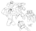  1girl blush boxing_gloves collage diepod eyebrows greyscale height_difference little_mac md5_mismatch metroid monochrome muscle punch-out!! punching samus_aran sketch super_smash_bros. thick_eyebrows 