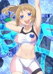  :d arm_up armpits bike_shorts blue_eyes brown_hair cowboy_shot gundam gundam_build_fighters gundam_build_fighters_try hand_behind_head hoshino_fumina midriff navel open_mouth pine ponytail smile solo sports_bra 