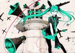  ahoge aircraft airplane byakuya_reki floating_hair gloves green_eyes green_hair hatsune_miku koi_wa_sensou_(vocaloid) long_hair megaphone necktie open_mouth pantyhose skirt solo tower twintails very_long_hair vocaloid 