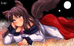  animal_ears artist_name bare_shoulders breasts brooch brown_hair cleavage dress grass imaizumi_kagerou jewelry kamiya_(amamiko) large_breasts long_hair looking_away lying on_stomach red_eyes smile solo tail touhou wallpaper wolf_ears 