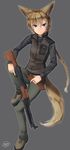  absurdres animal_ears blue_eyes boots braid brown_hair dreadtie fox_ears fox_tail gun highres light_machine_gun long_hair original rpk short_hair solo svetlana_nestrovna_sorokina tail vest weapon 